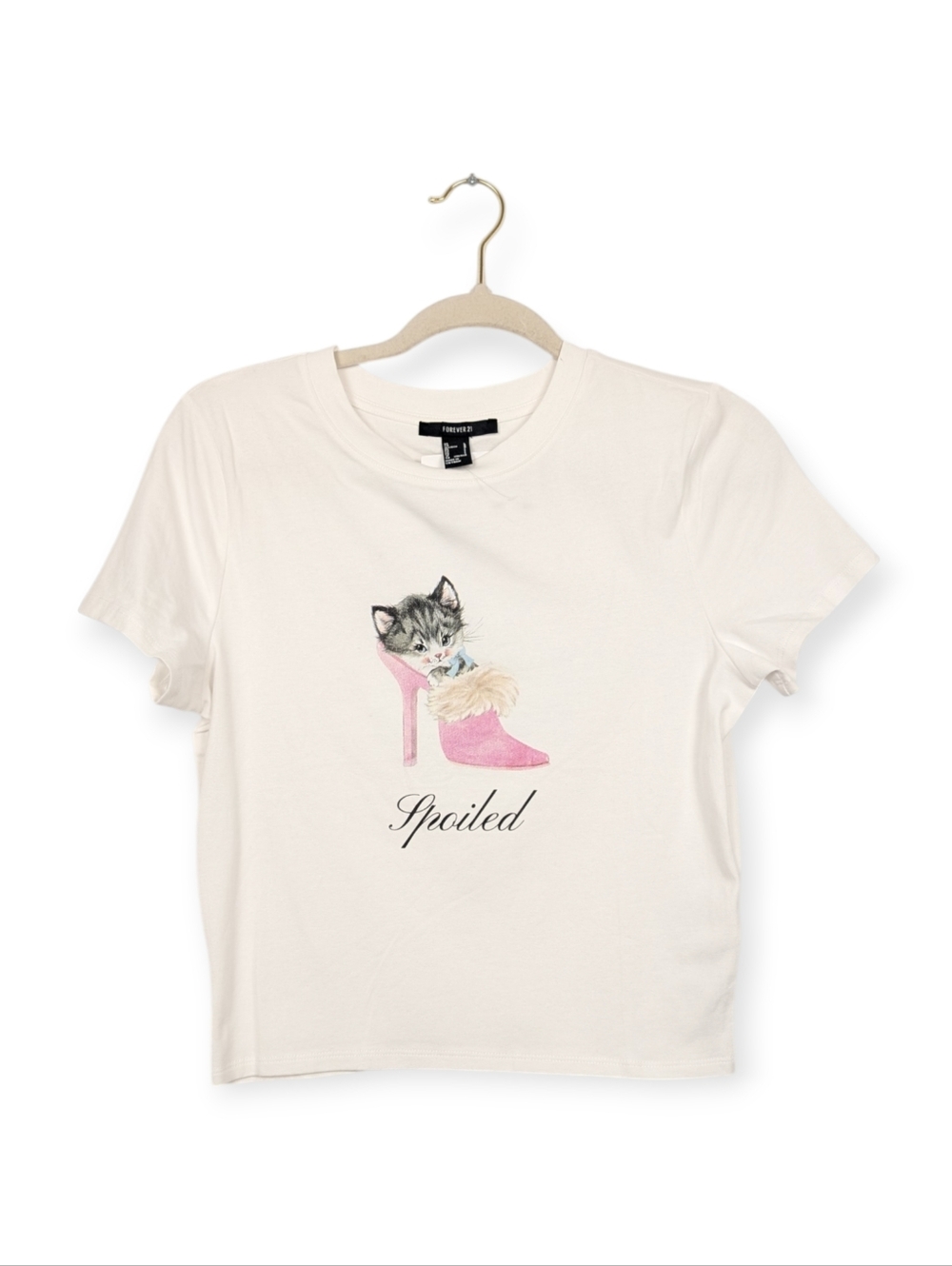 NWT Forever 21 White Baby Tee L Kitten Heel Spoiled Graphic Casual T-Shirt